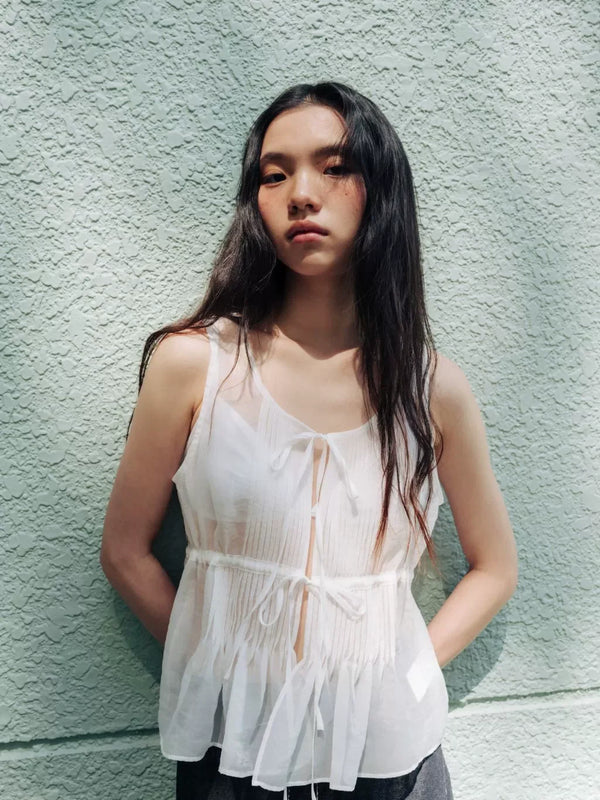 [MONOHA] Sheer Frill Drawstring Vest – White & Transparent