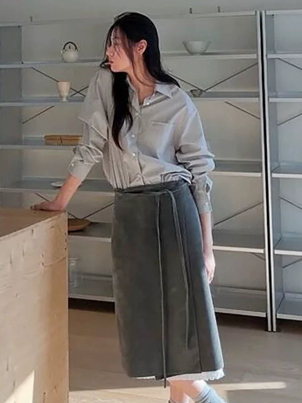 [MONOHA] High-Waisted A-Line Cotton Skirt – Korean Commuter Style (Drawstring Waist, Lined)