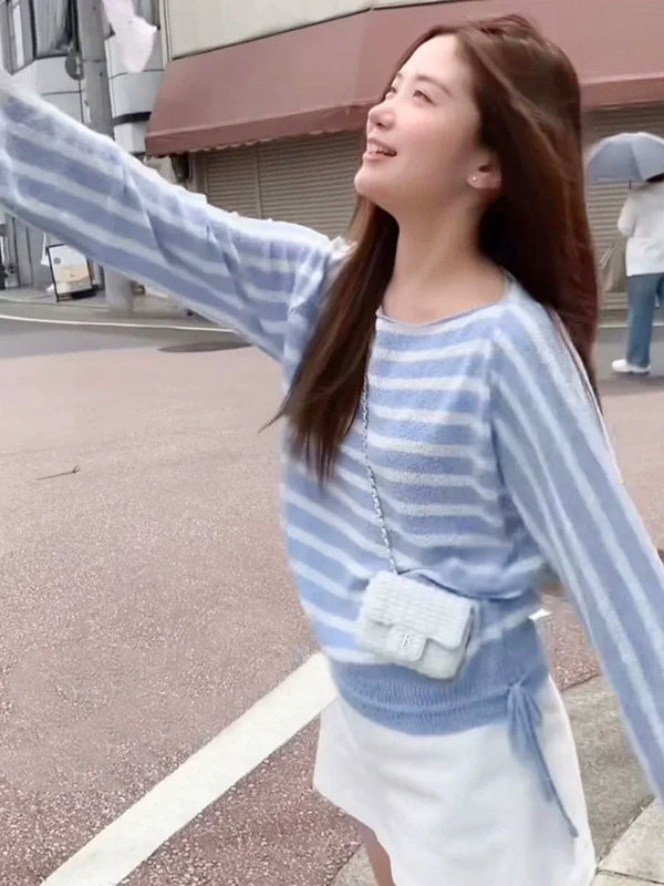 [The Barnnet] Korean Striped Drawstring Pullover – Long Sleeve Off-Shoulder Knit Top